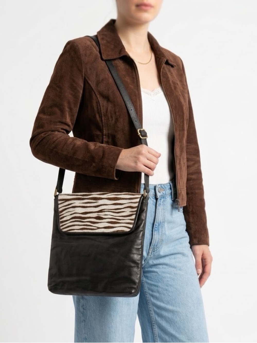 Vintage 80s Dawli Black & Zebra Print Pony Hair Crossbody / Shoulder Bag